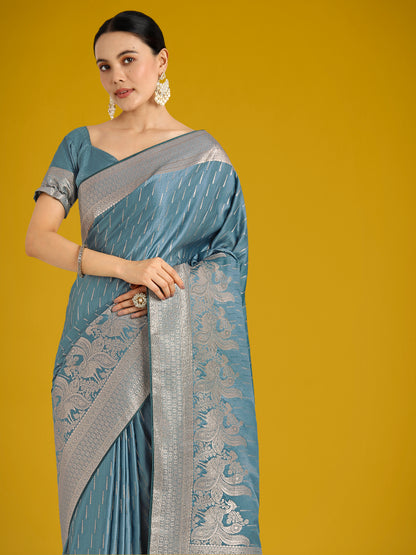 Dhiyona MJ Dusty Cyan Weaving Banarasi Satin Silk Trendy Saree For Festival