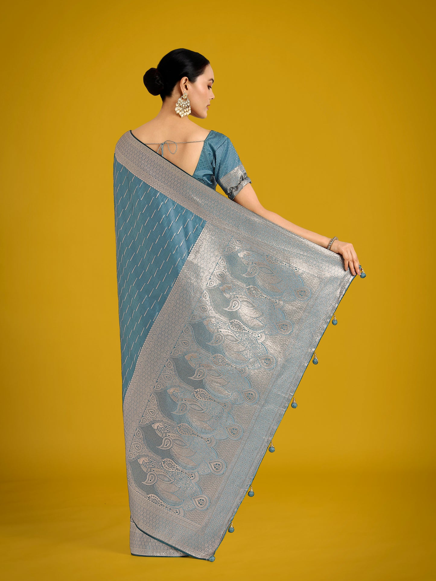 Dhiyona MJ Dusty Cyan Weaving Banarasi Satin Silk Trendy Saree For Festival
