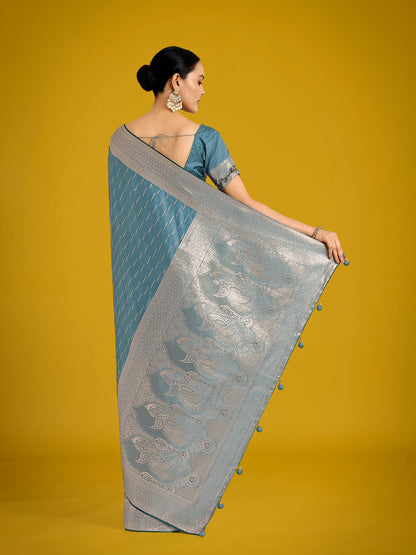 Dhiyona MJ Dusty Cyan Weaving Banarasi Satin Silk Trendy Saree For Festival