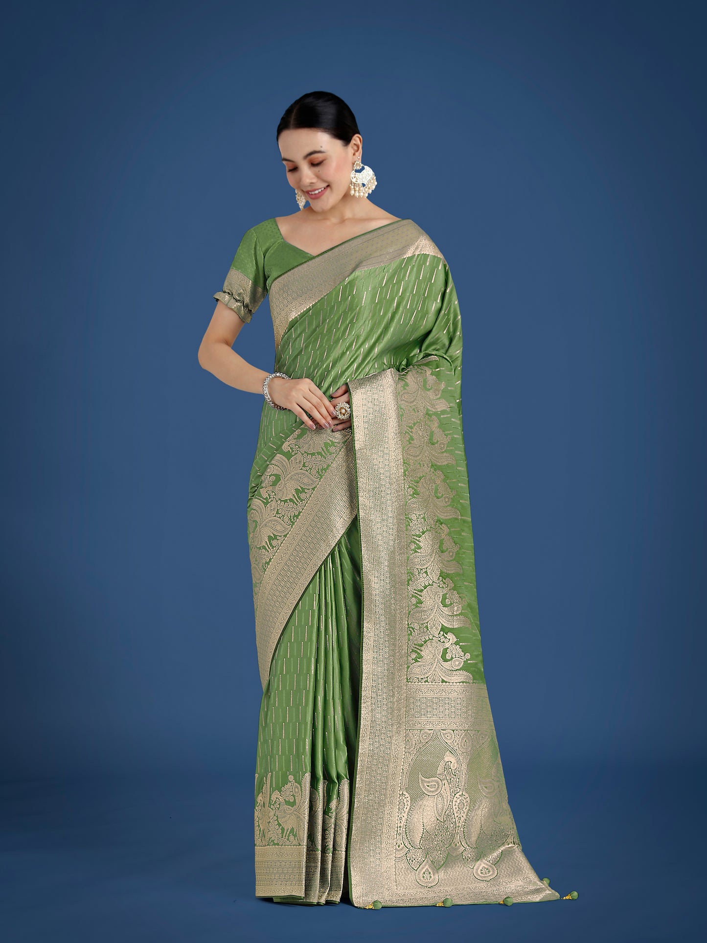 Dhiyona MJ Dusty Green Weaving Banarasi Satin Silk Trendy Saree For Festival