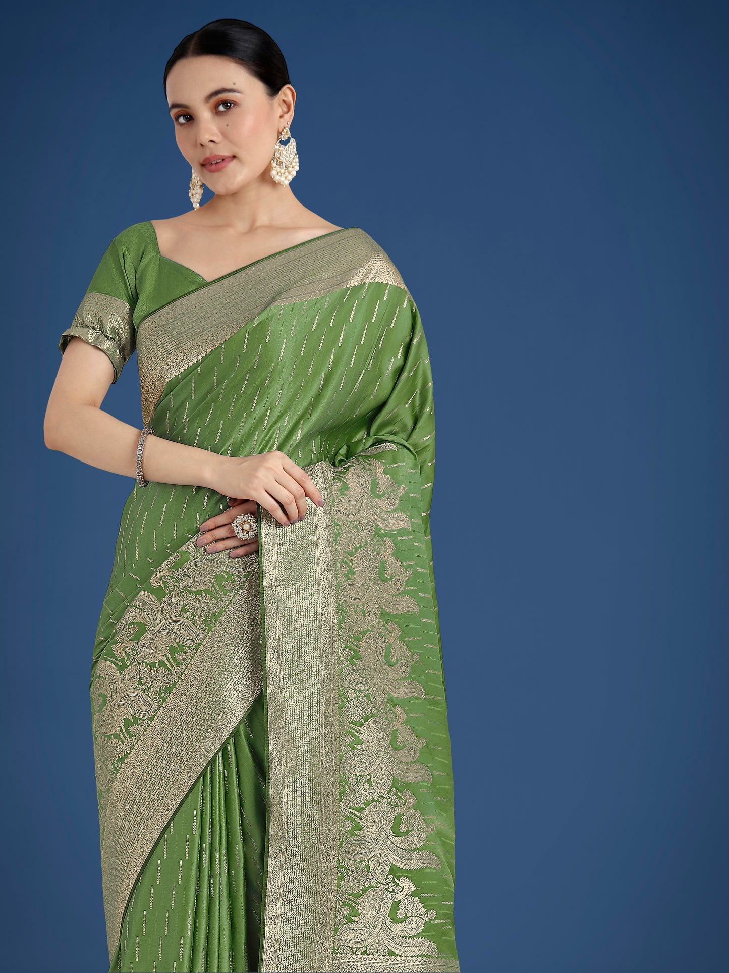 Dhiyona MJ Dusty Green Weaving Banarasi Satin Silk Trendy Saree For Festival