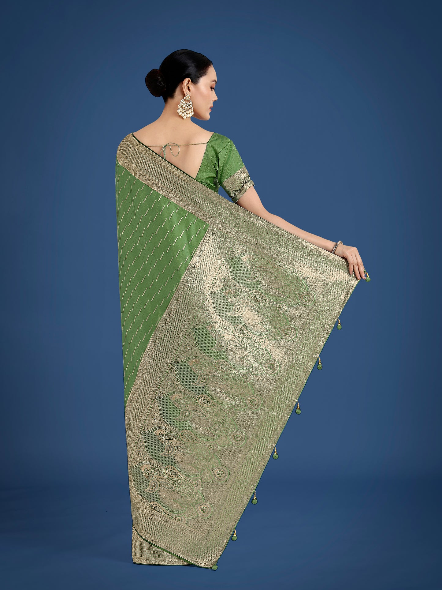 Dhiyona MJ Dusty Green Weaving Banarasi Satin Silk Trendy Saree For Festival