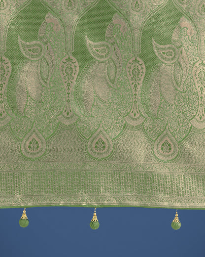 Dhiyona MJ Dusty Green Weaving Banarasi Satin Silk Trendy Saree For Festival
