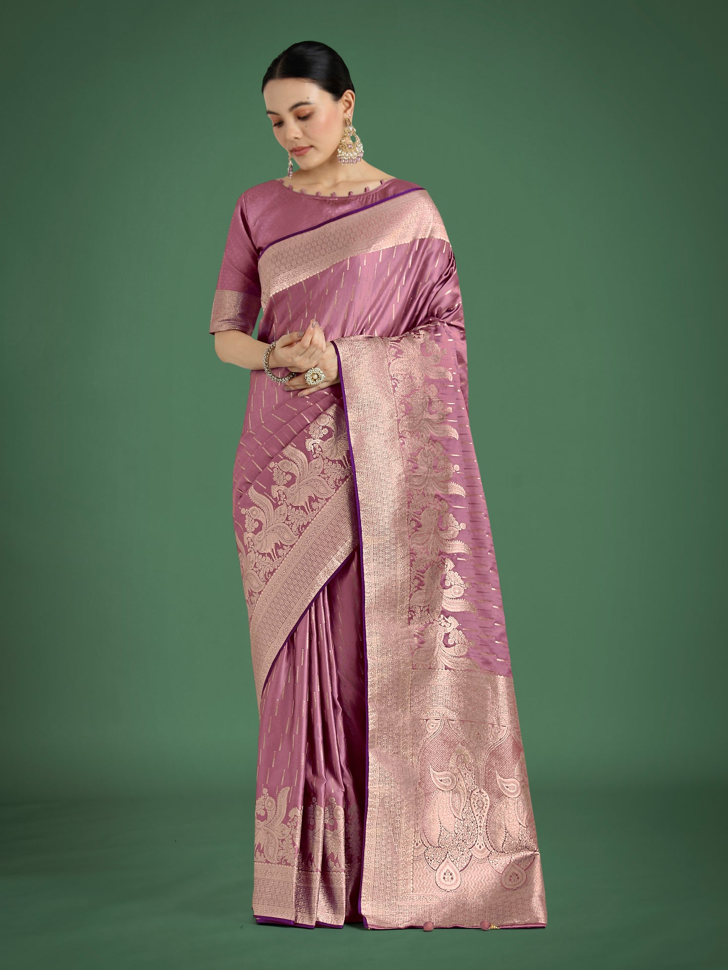 Dhiyona MJ Dusty Rose Pink Weaving Banarasi Satin Silk Trendy Saree For Festival