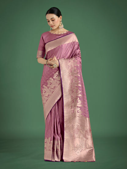 Dhiyona MJ Dusty Rose Pink Weaving Banarasi Satin Silk Trendy Saree For Festival