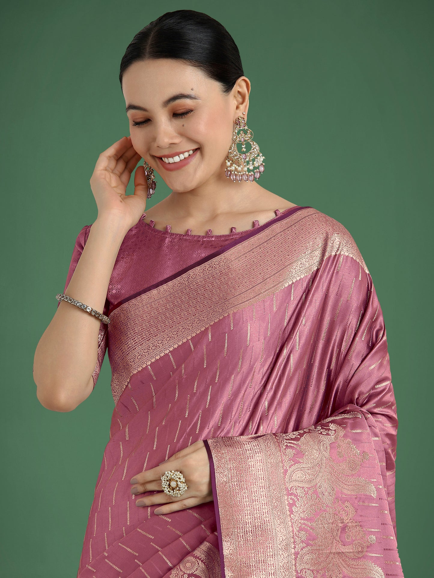 Dhiyona MJ Dusty Rose Pink Weaving Banarasi Satin Silk Trendy Saree For Festival