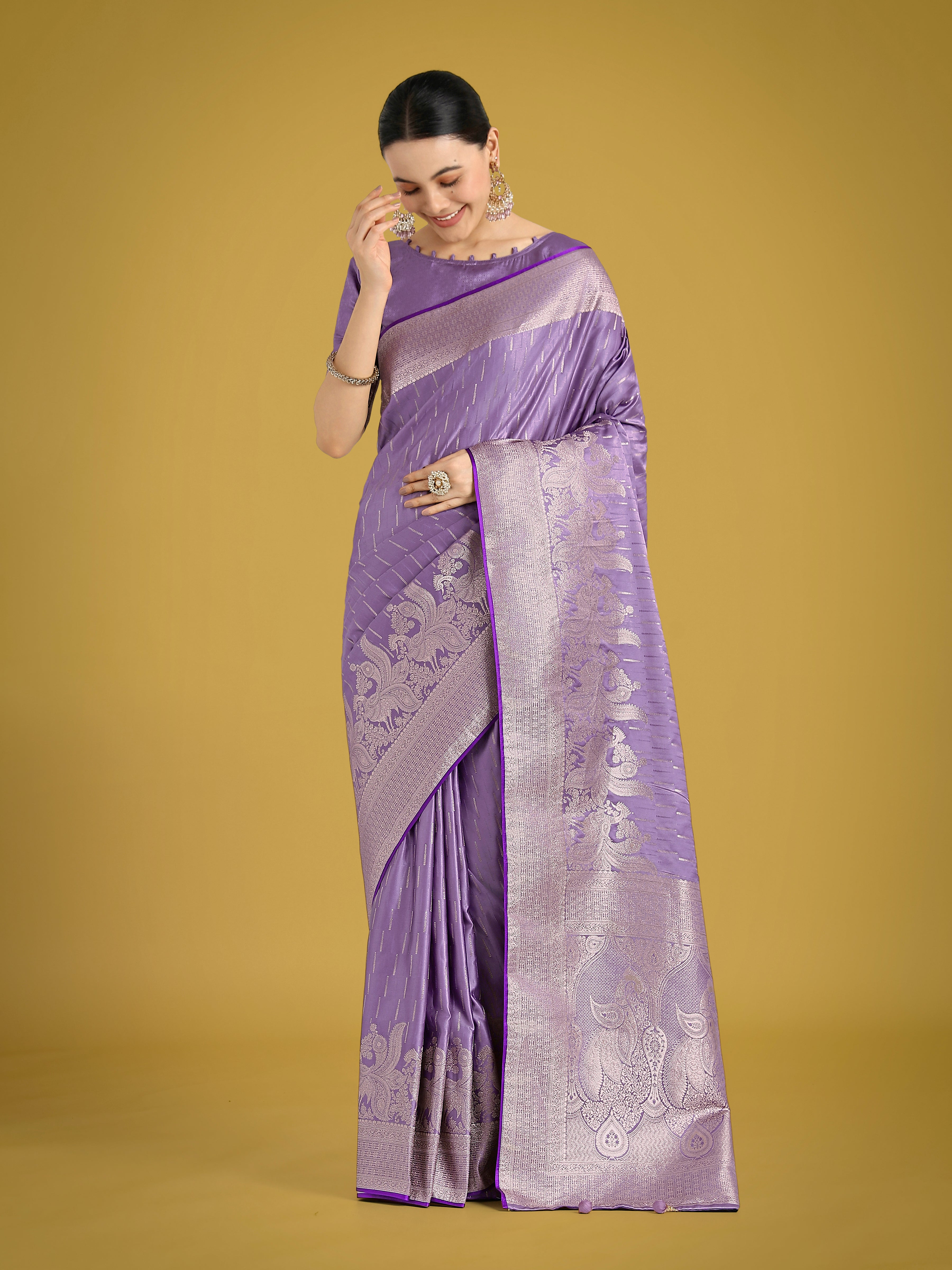 Dhiyona MJ Dusty Lavender Weaving Banarasi Satin Silk Trendy Saree For Festival