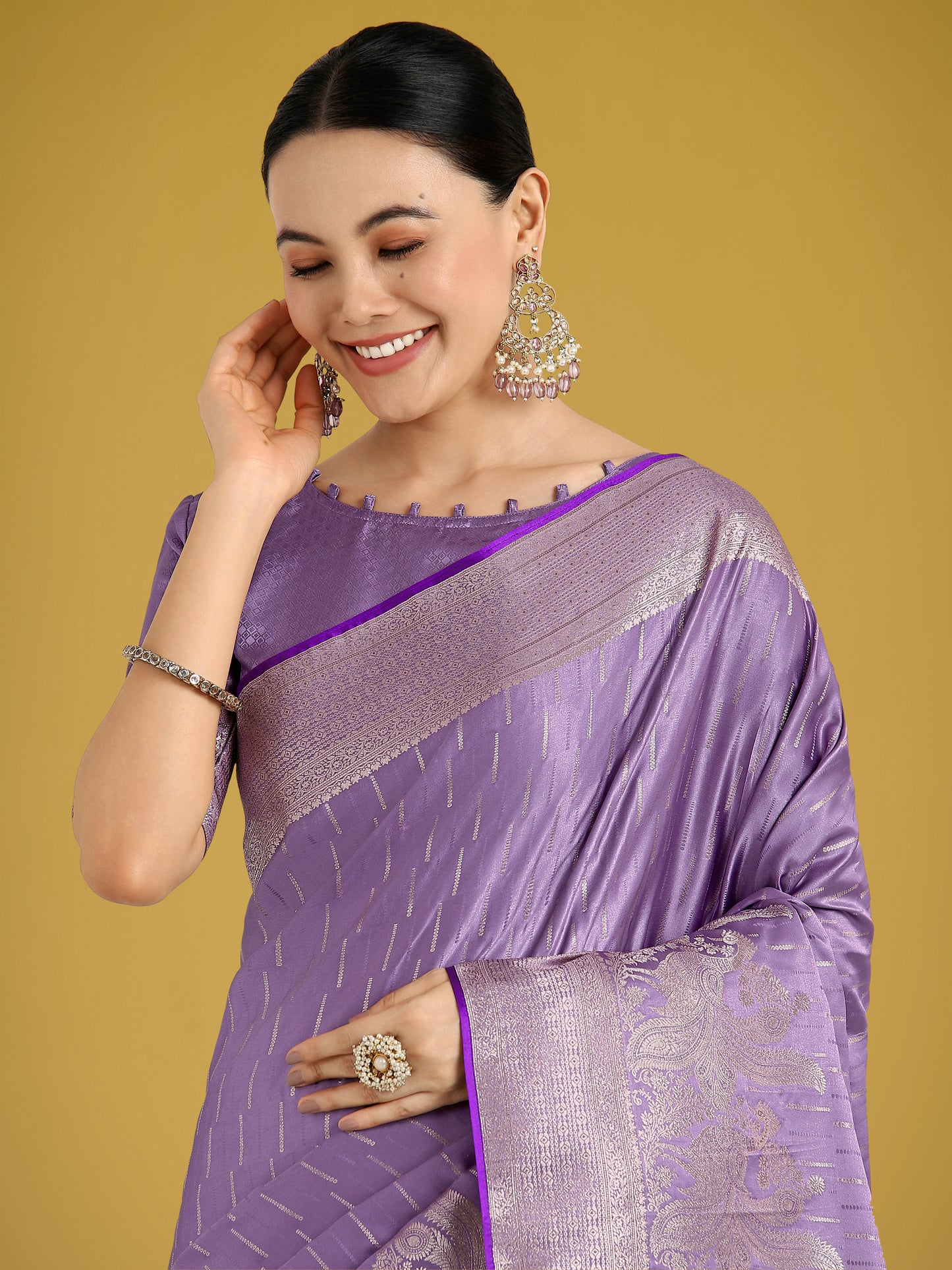 Dhiyona MJ Dusty Lavender Weaving Banarasi Satin Silk Trendy Saree For Festival
