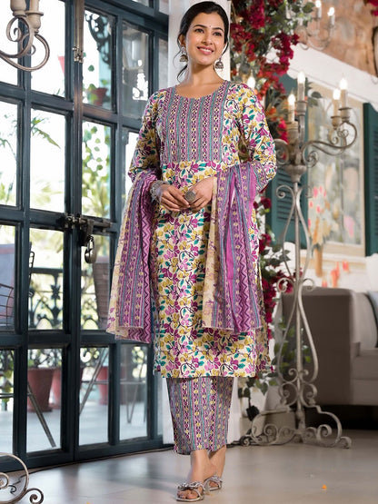 Dhiyona KL Floral Printed Regular Mirror Work Pure Cotton Kurta With Trousers & Dupatta