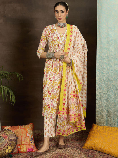 Women Floral Printed Pleated Pure Cotton Kurta with Trousers & With Dupatta
