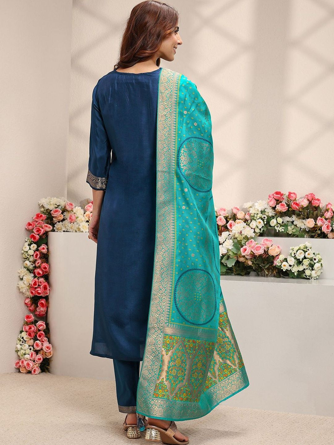 Blue Woven Design Straight Suit Set with Dupatta