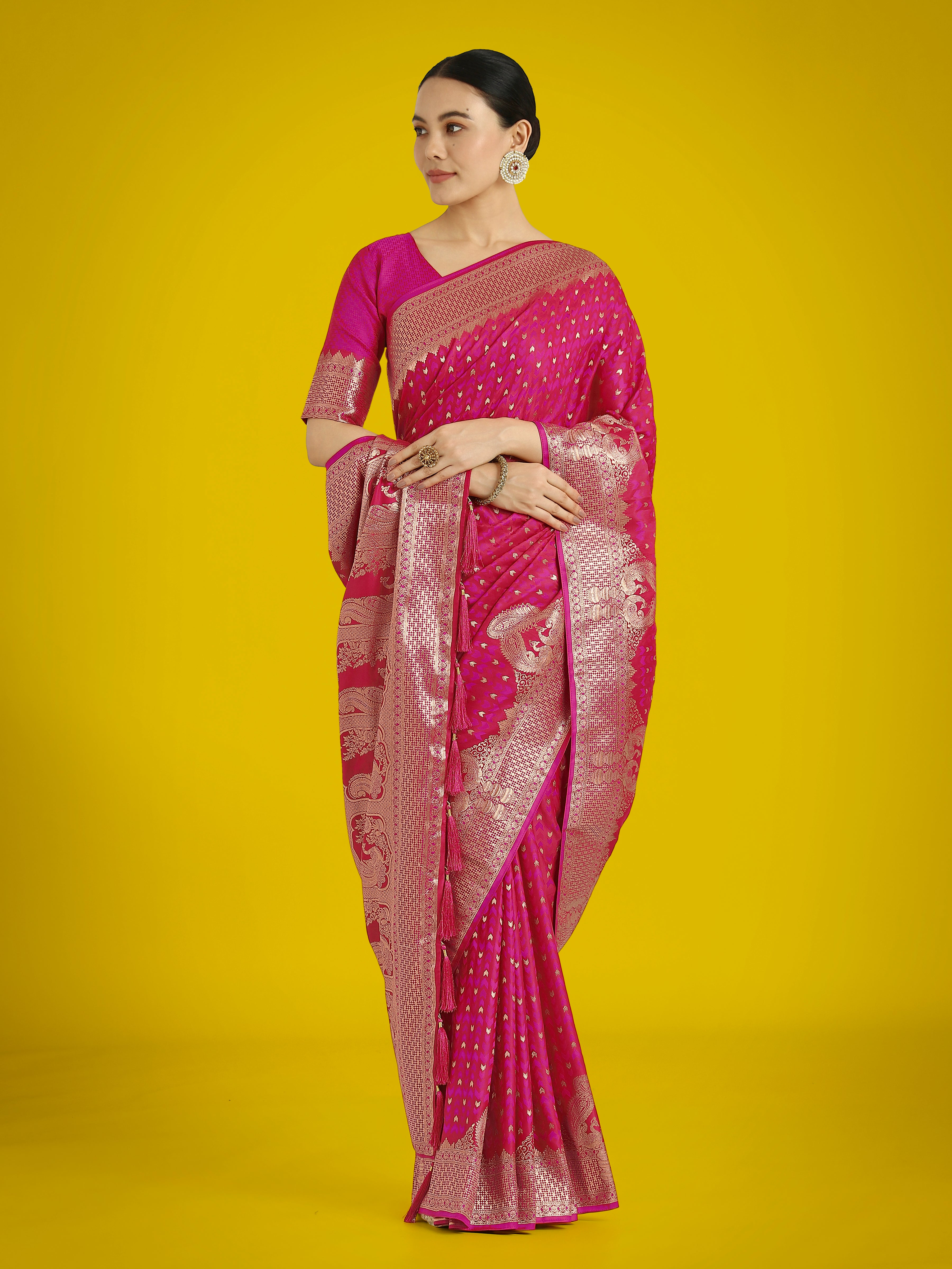 Dhiyona MJ Gorgeous Rani Pink Woven Banarasi Satin Designer Silk Saree