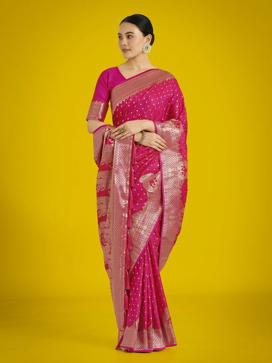 Dhiyona MJ Gorgeous Rani Pink Woven Banarasi Satin Designer Silk Saree