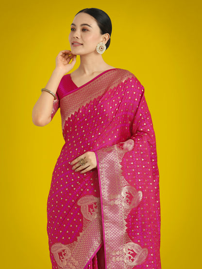 Dhiyona MJ Gorgeous Rani Pink Woven Banarasi Satin Designer Silk Saree