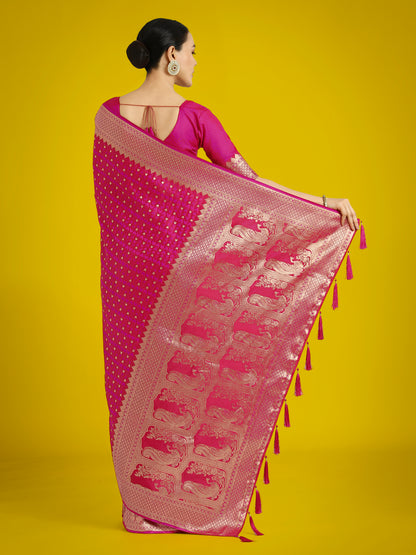 Dhiyona MJ Gorgeous Rani Pink Woven Banarasi Satin Designer Silk Saree