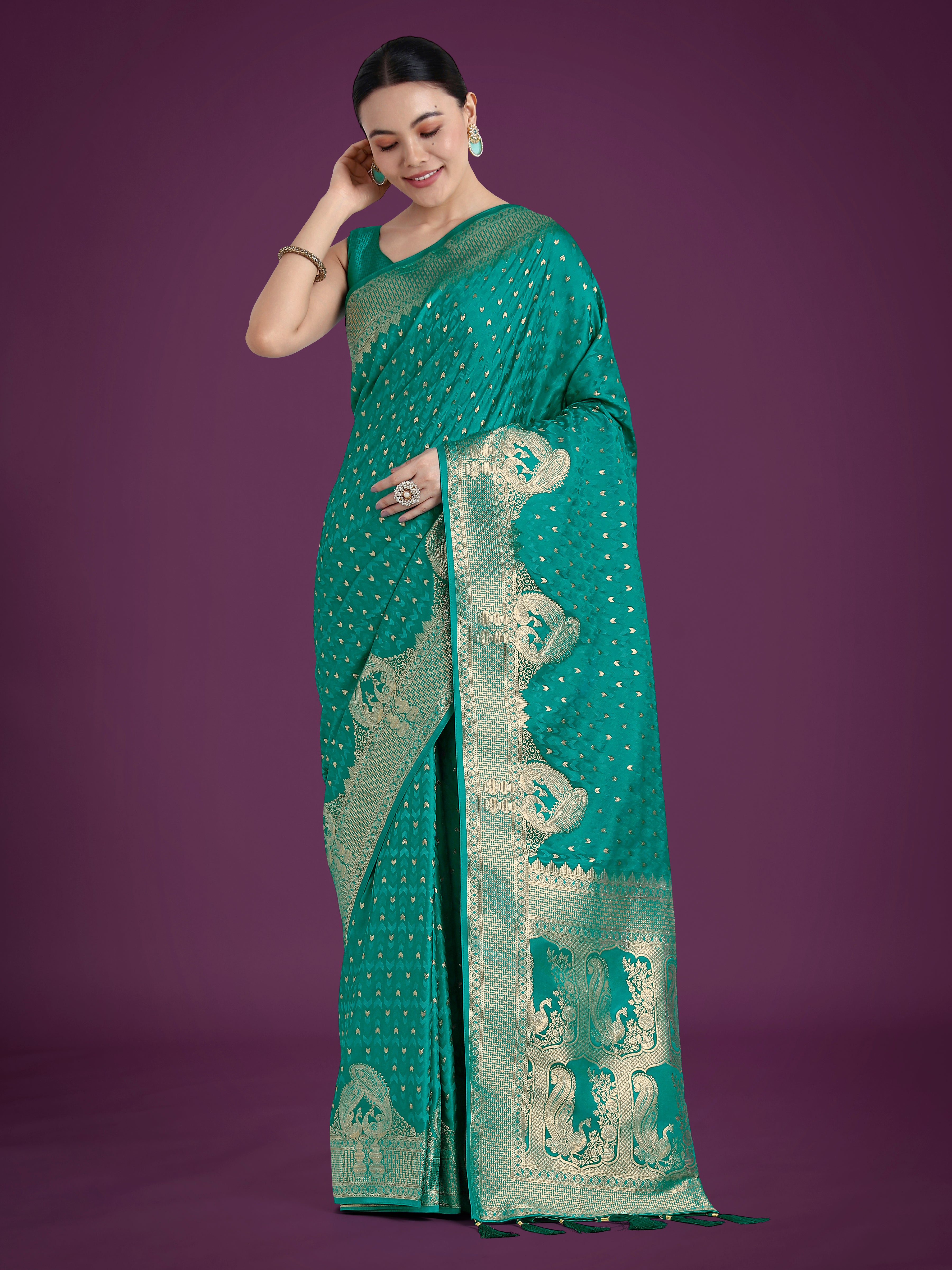 Dhiyona MJ Gorgeous Turquoise Woven Banarasi Satin Designer Silk Saree