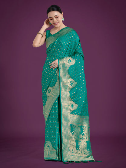 Dhiyona MJ Gorgeous Turquoise Woven Banarasi Satin Designer Silk Saree