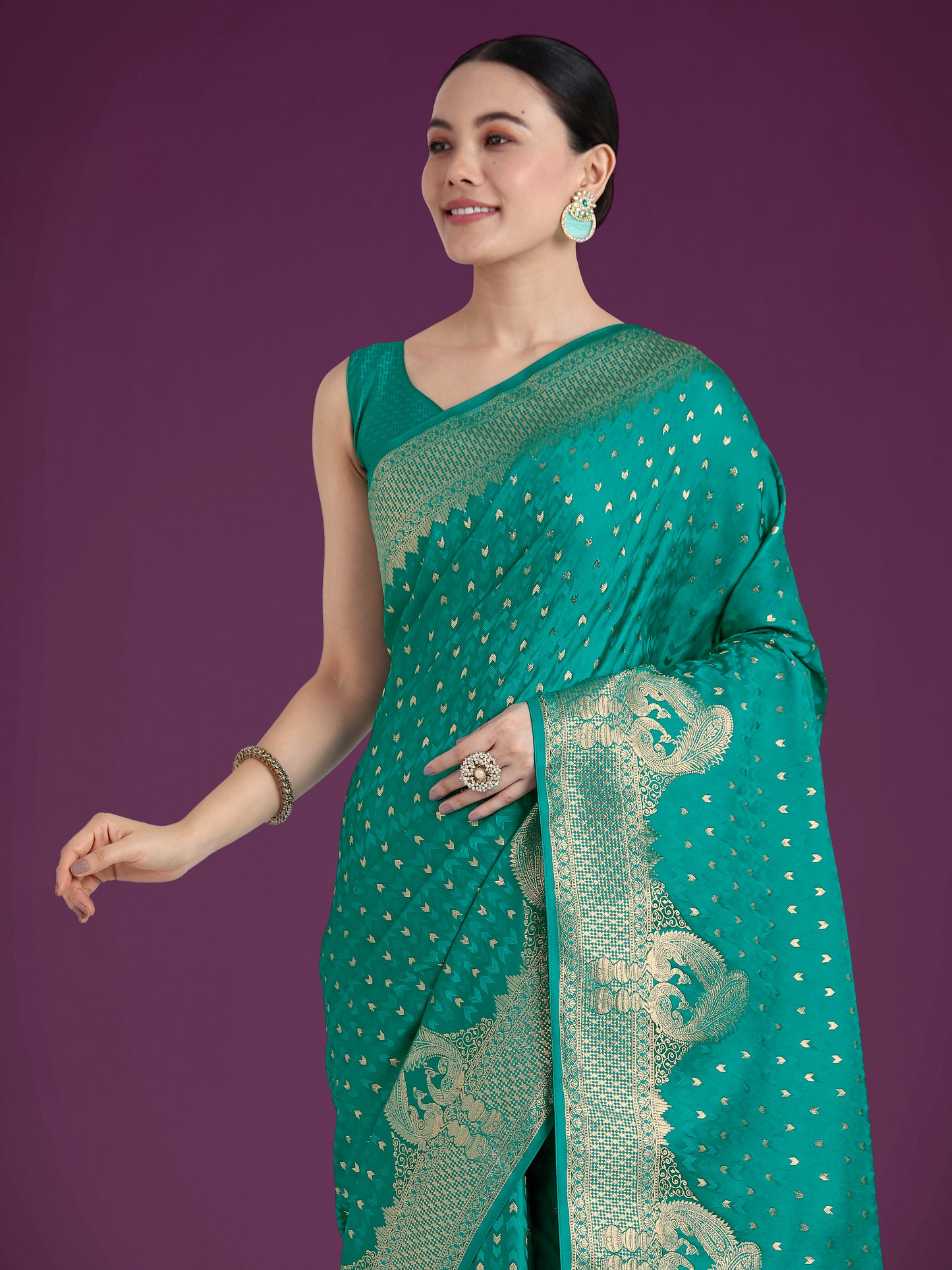Dhiyona MJ Gorgeous Turquoise Woven Banarasi Satin Designer Silk Saree