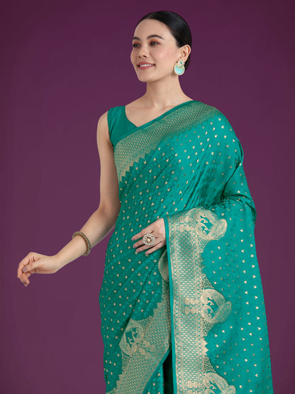 Dhiyona MJ Gorgeous Turquoise Woven Banarasi Satin Designer Silk Saree