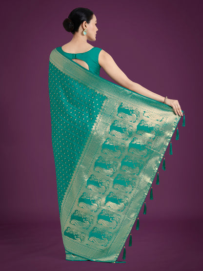 Dhiyona MJ Gorgeous Turquoise Woven Banarasi Satin Designer Silk Saree