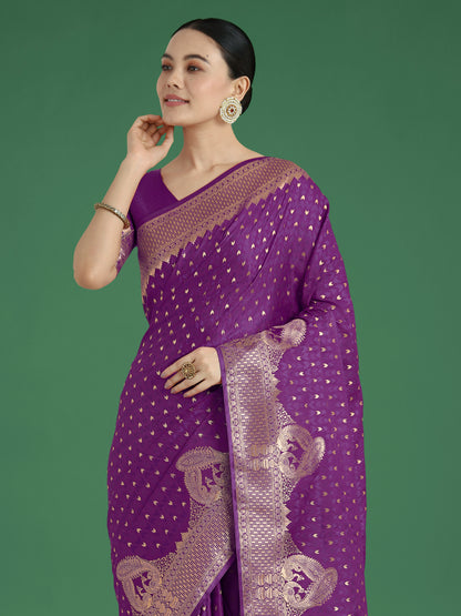 Dhiyona MJ Gorgeous Purple Woven Banarasi Satin Designer Silk Saree