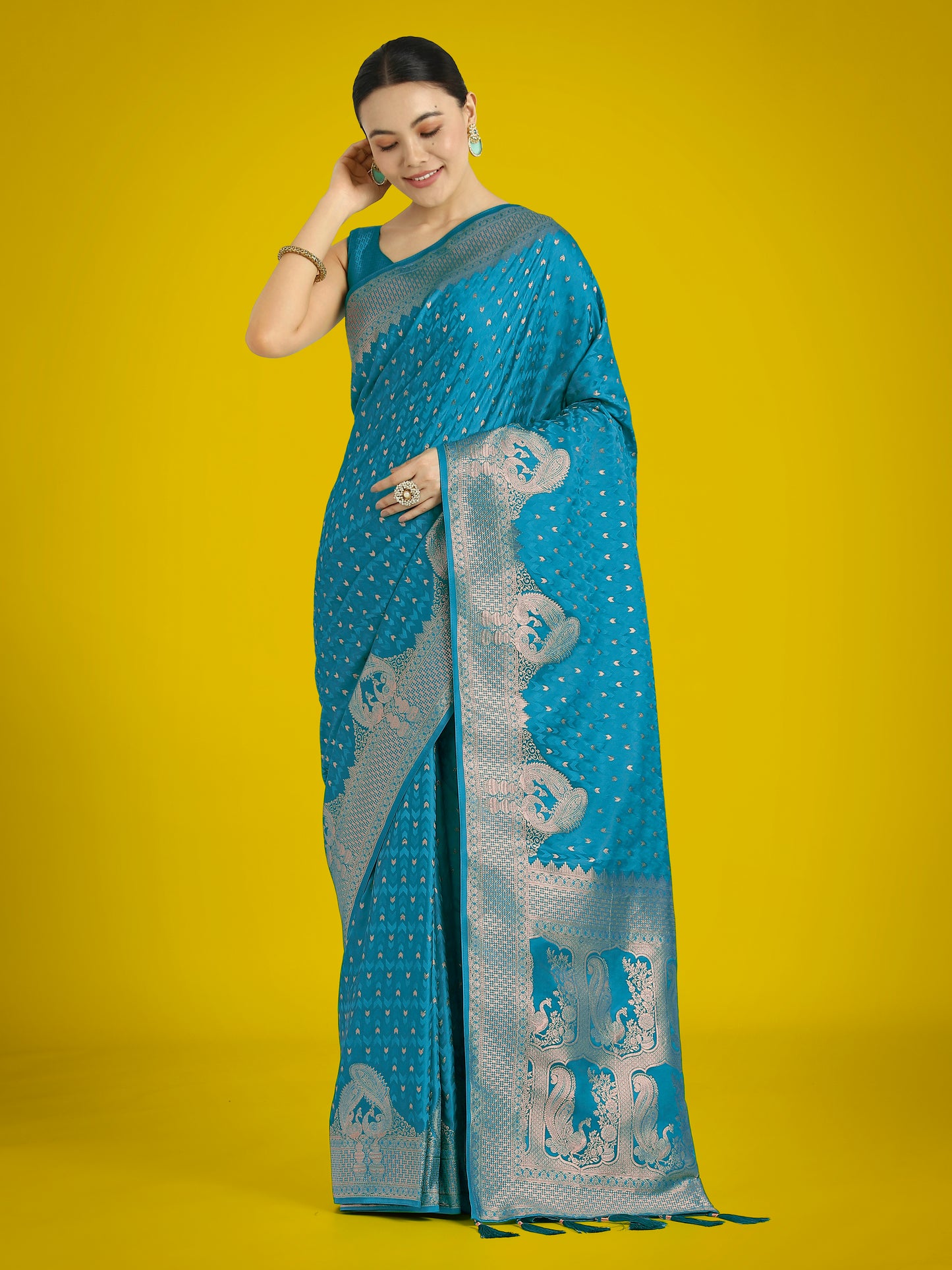 Dhiyona MJ Gorgeous Cyan blue Woven Banarasi Satin Designer Silk Saree