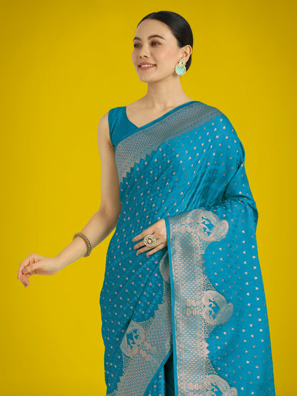 Dhiyona MJ Gorgeous Cyan blue Woven Banarasi Satin Designer Silk Saree