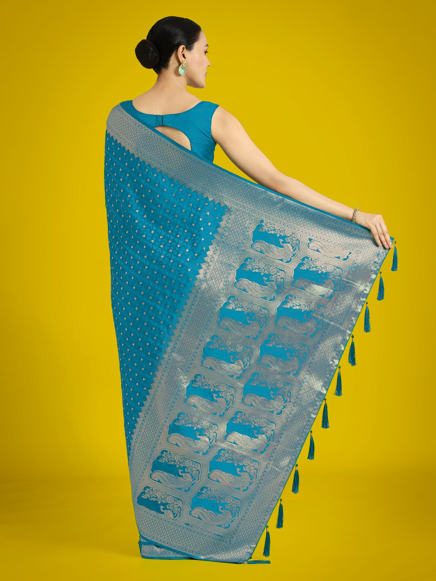 Dhiyona MJ Gorgeous Cyan blue Woven Banarasi Satin Designer Silk Saree