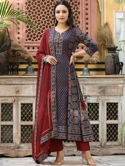 Dhiyona RR Women's Ethnic Motifs Printed Sequinned Pure Cotton Kurta Set