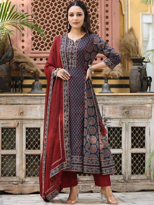 Dhiyona RR Women's Ethnic Motifs Printed Sequinned Pure Cotton Kurta Set