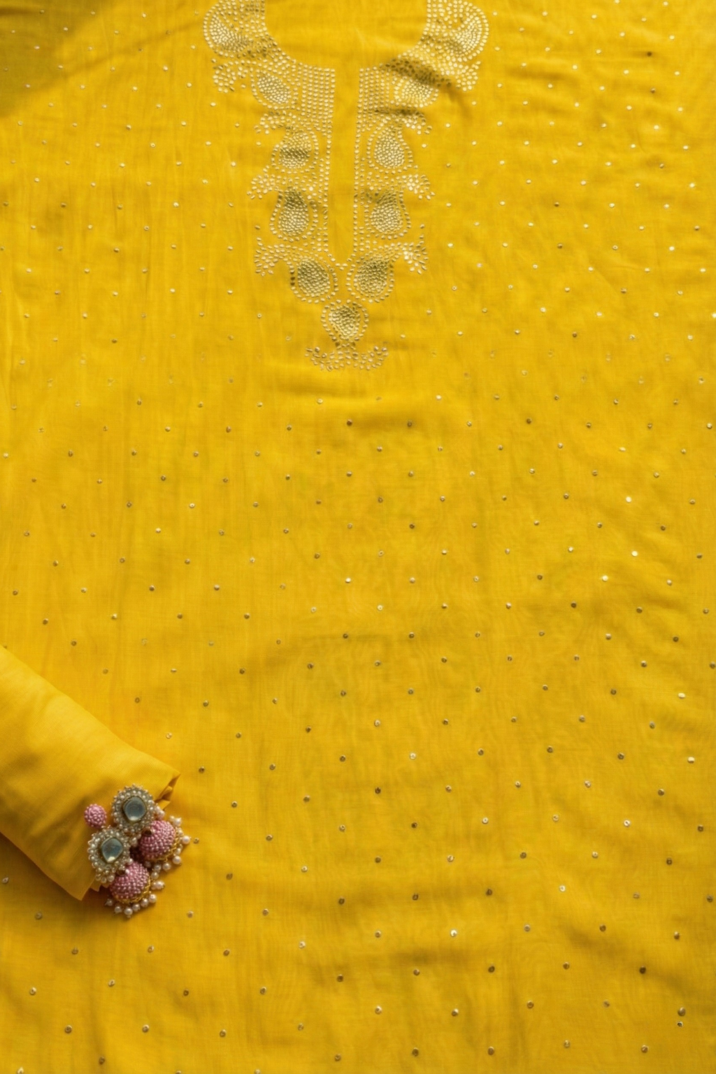 Dhiyona ST 3 Pc Unstitched Suit - Chanderi Yellow Mukiesh Kurta with Lining ,Dupatta and Bottom
