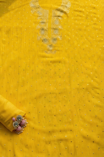 Dhiyona ST 3 Pc Unstitched Suit - Chanderi Yellow Mukiesh Kurta with Lining ,Dupatta and Bottom