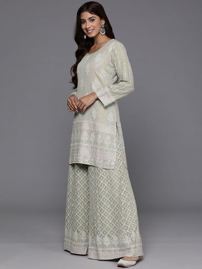 Dhiyona LL Floral Regular Sequinned Kurti with Palazzos & Dupatta