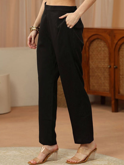 Libas Black Floral Yoke Design Tissue Straight Suit Set
