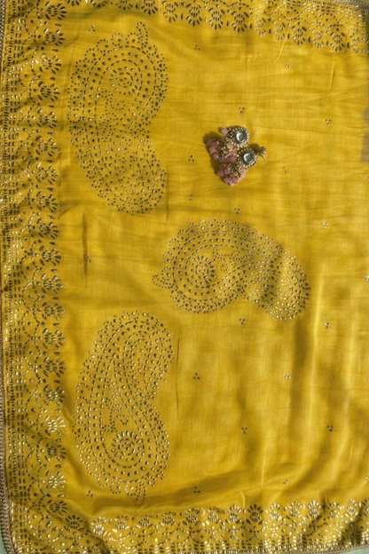 Dhiyona ST 3 Pc Unstitched Suit - Chanderi Yellow Mukiesh Kurta with Lining ,Dupatta and Bottom