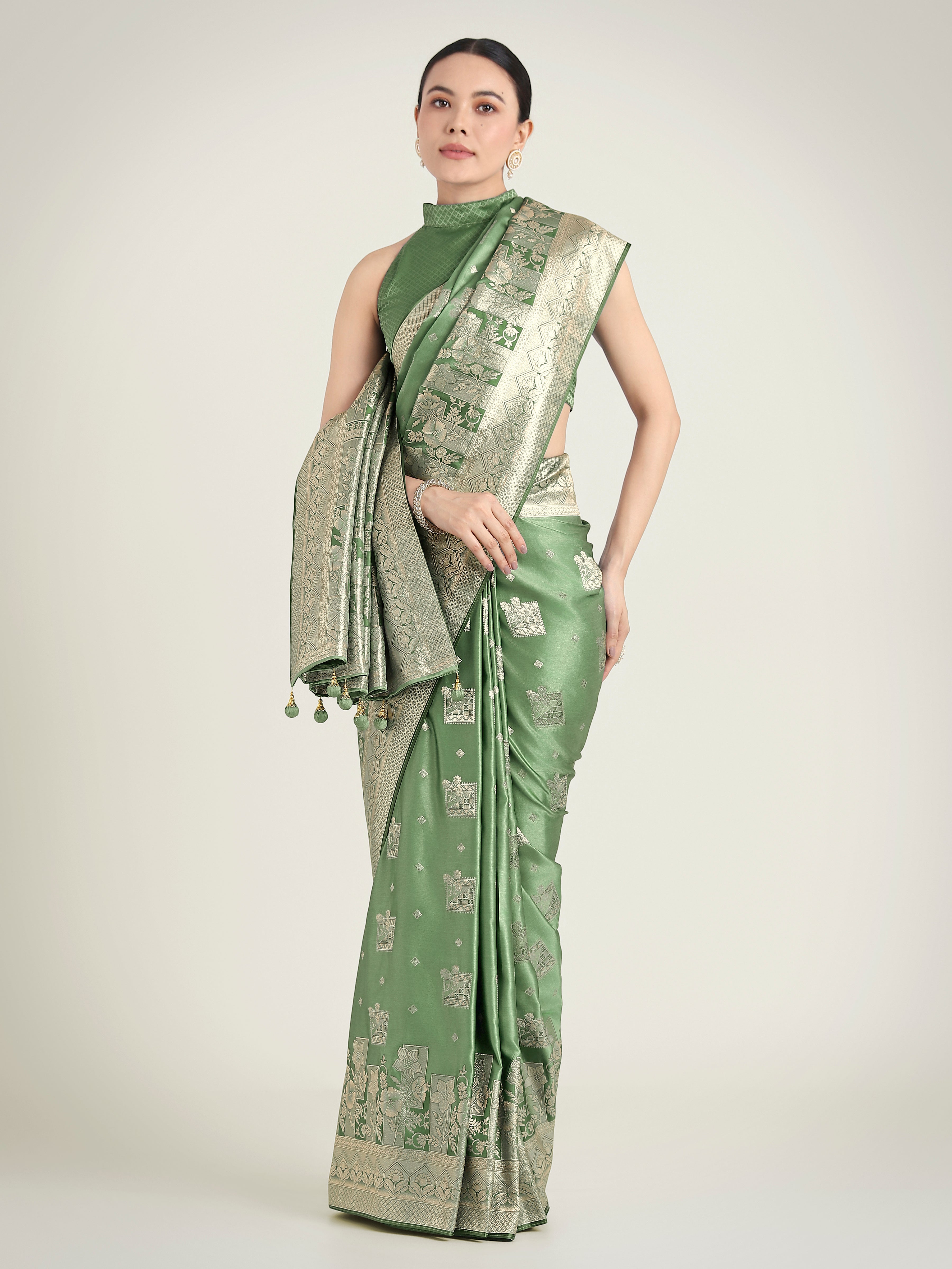Dhiyona MJ Green Color Banarasi Satin Silk Zari Weaving Festival Saree