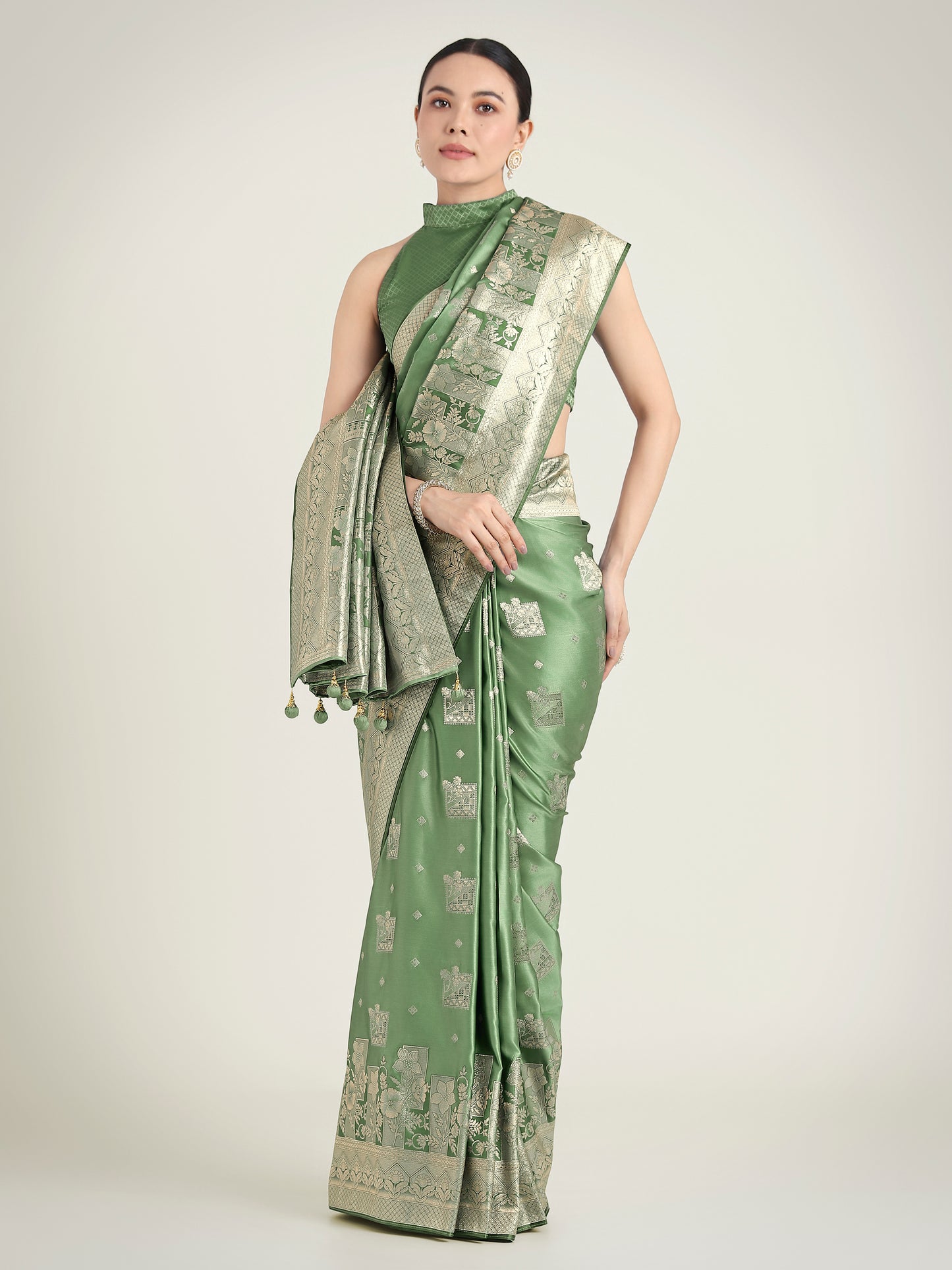 Dhiyona MJ Green Color Banarasi Satin Silk Zari Weaving Festival Saree
