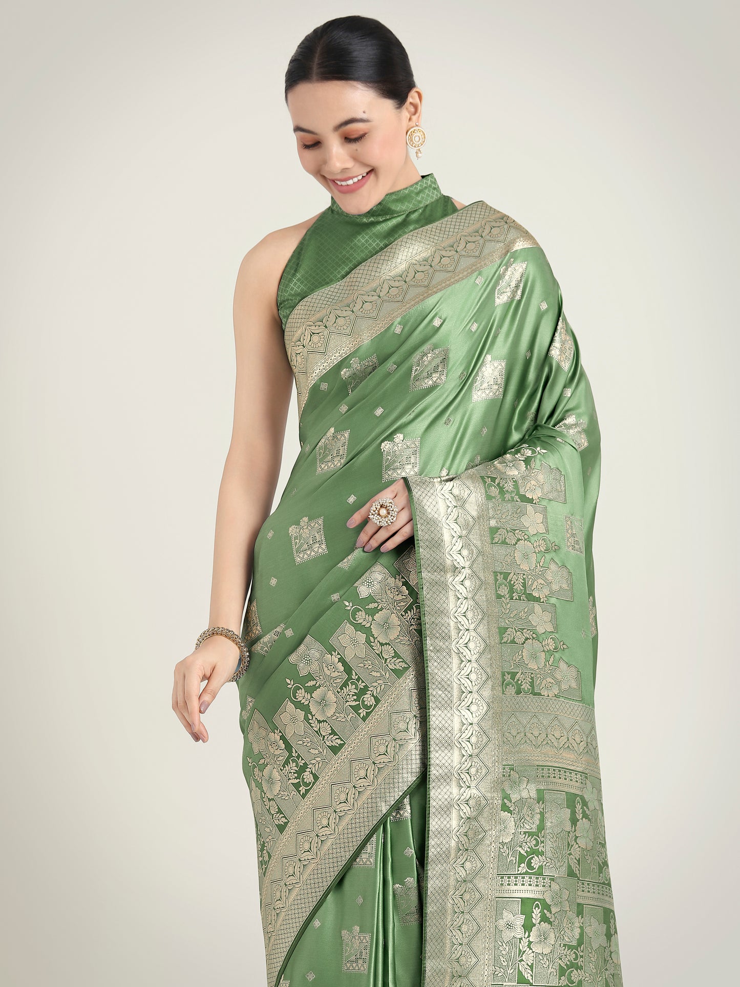 Dhiyona MJ Green Color Banarasi Satin Silk Zari Weaving Festival Saree