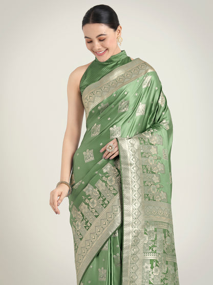 Dhiyona MJ Green Color Banarasi Satin Silk Zari Weaving Festival Saree