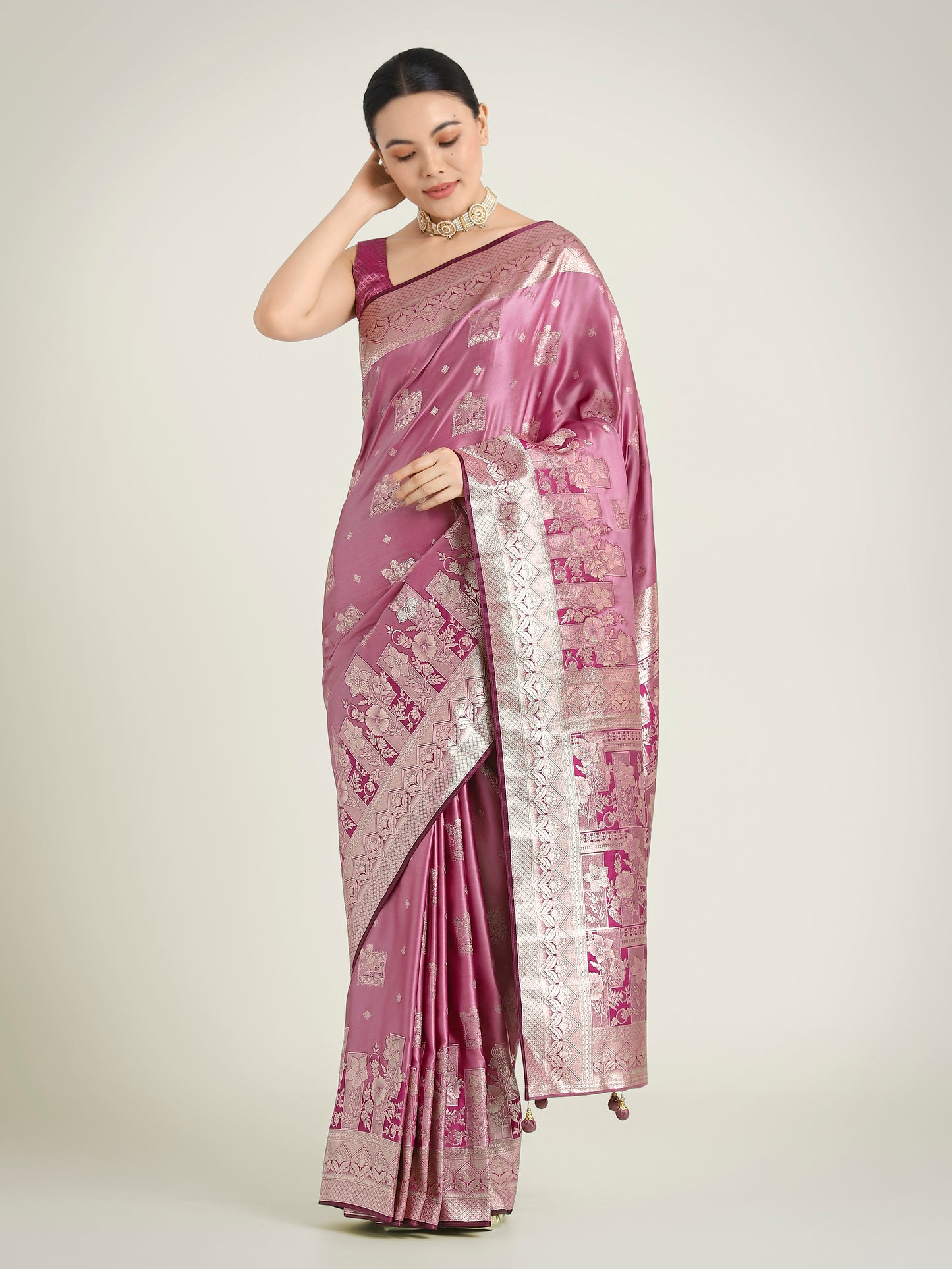 Dhiyona MJ Rose Pink Color Banarasi Satin Silk Zari Weaving Festival Saree
