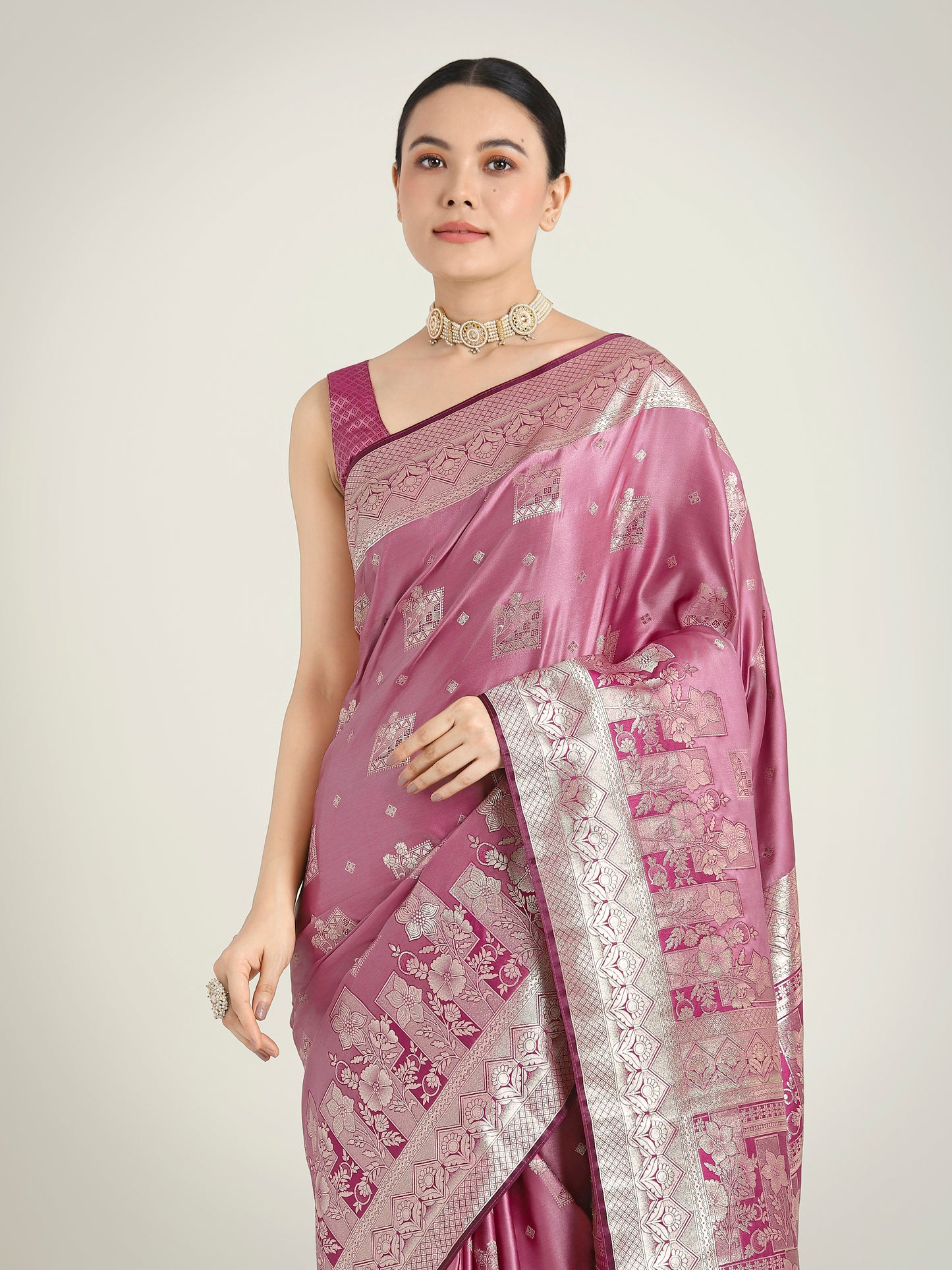 Dhiyona MJ Rose Pink Color Banarasi Satin Silk Zari Weaving Festival Saree