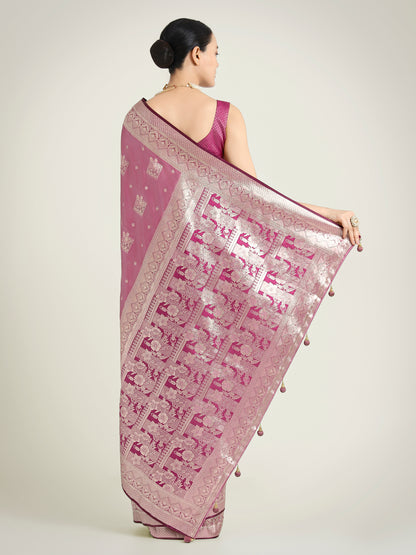 Dhiyona MJ Rose Pink Color Banarasi Satin Silk Zari Weaving Festival Saree