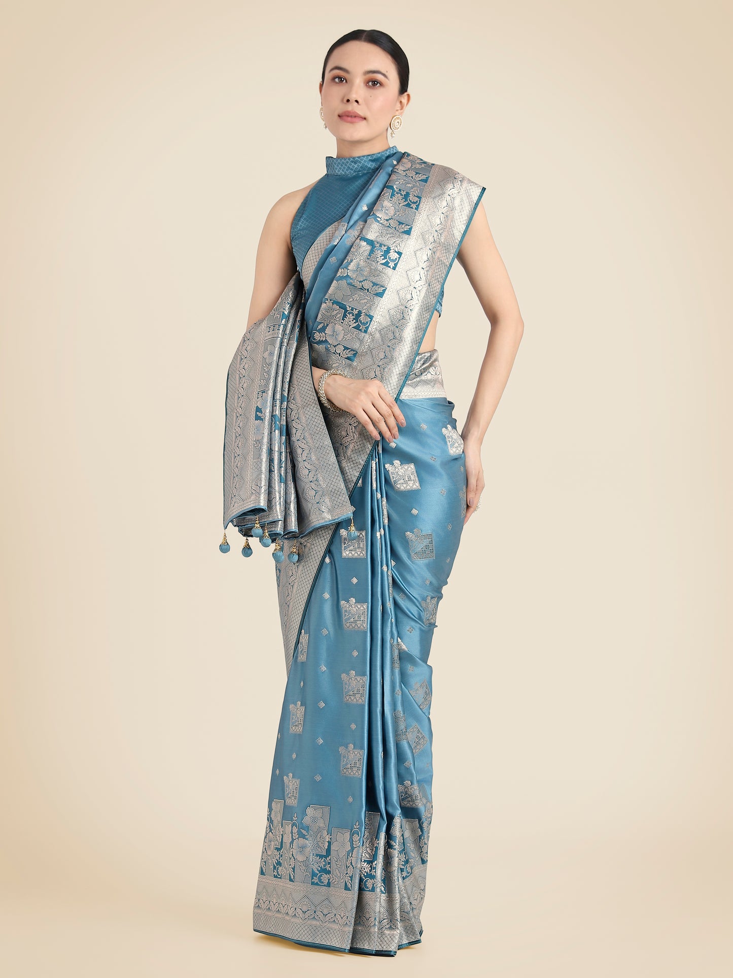 Dhiyona MJ Cyan blue Pink Color Banarasi Satin Silk Zari Weaving Festival Saree