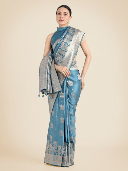 Dhiyona MJ Cyan blue Pink Color Banarasi Satin Silk Zari Weaving Festival Saree