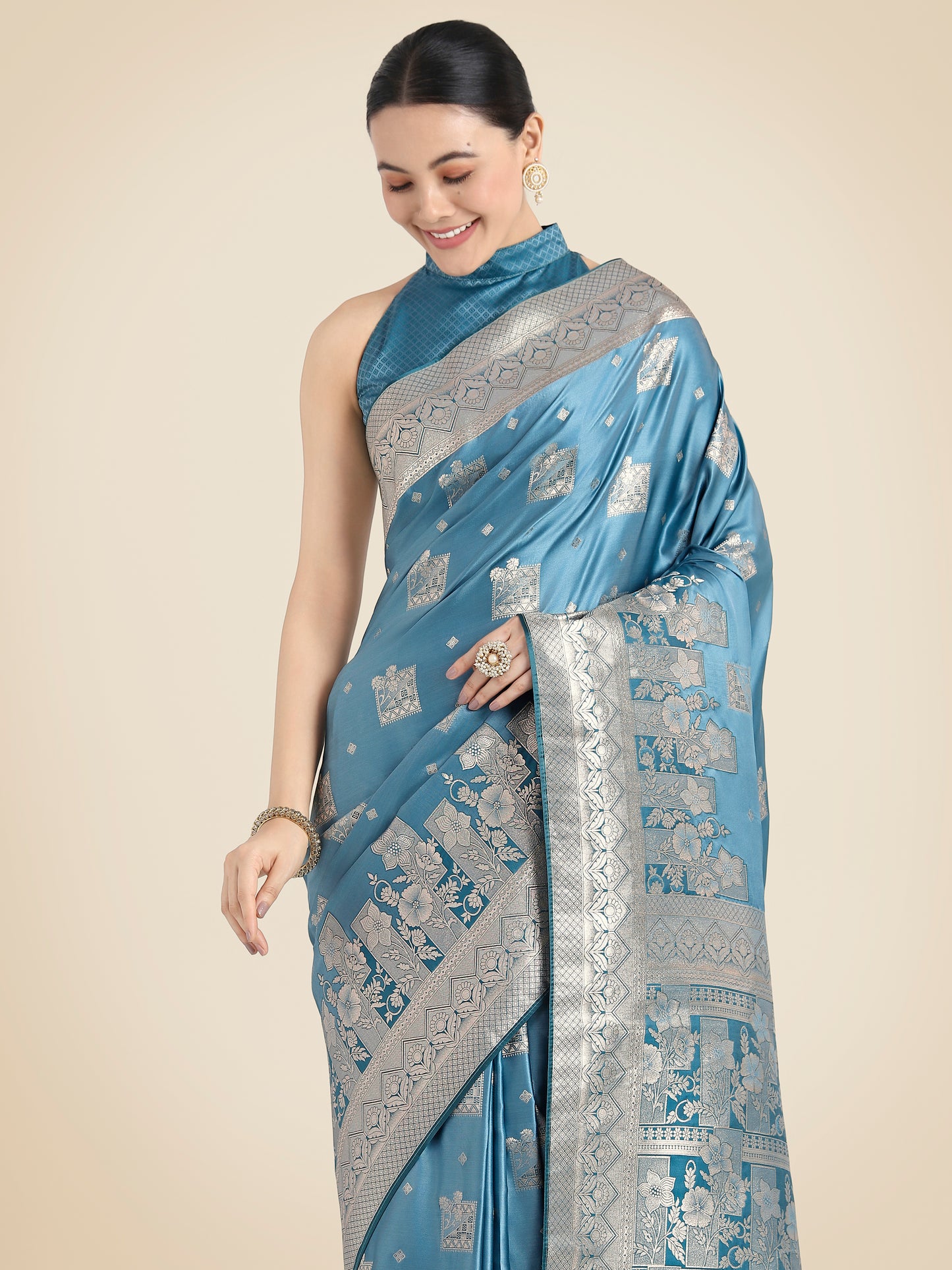Dhiyona MJ Cyan blue Pink Color Banarasi Satin Silk Zari Weaving Festival Saree