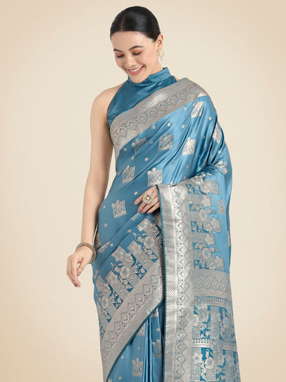 Dhiyona MJ Cyan blue Pink Color Banarasi Satin Silk Zari Weaving Festival Saree