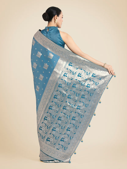 Dhiyona MJ Cyan blue Pink Color Banarasi Satin Silk Zari Weaving Festival Saree