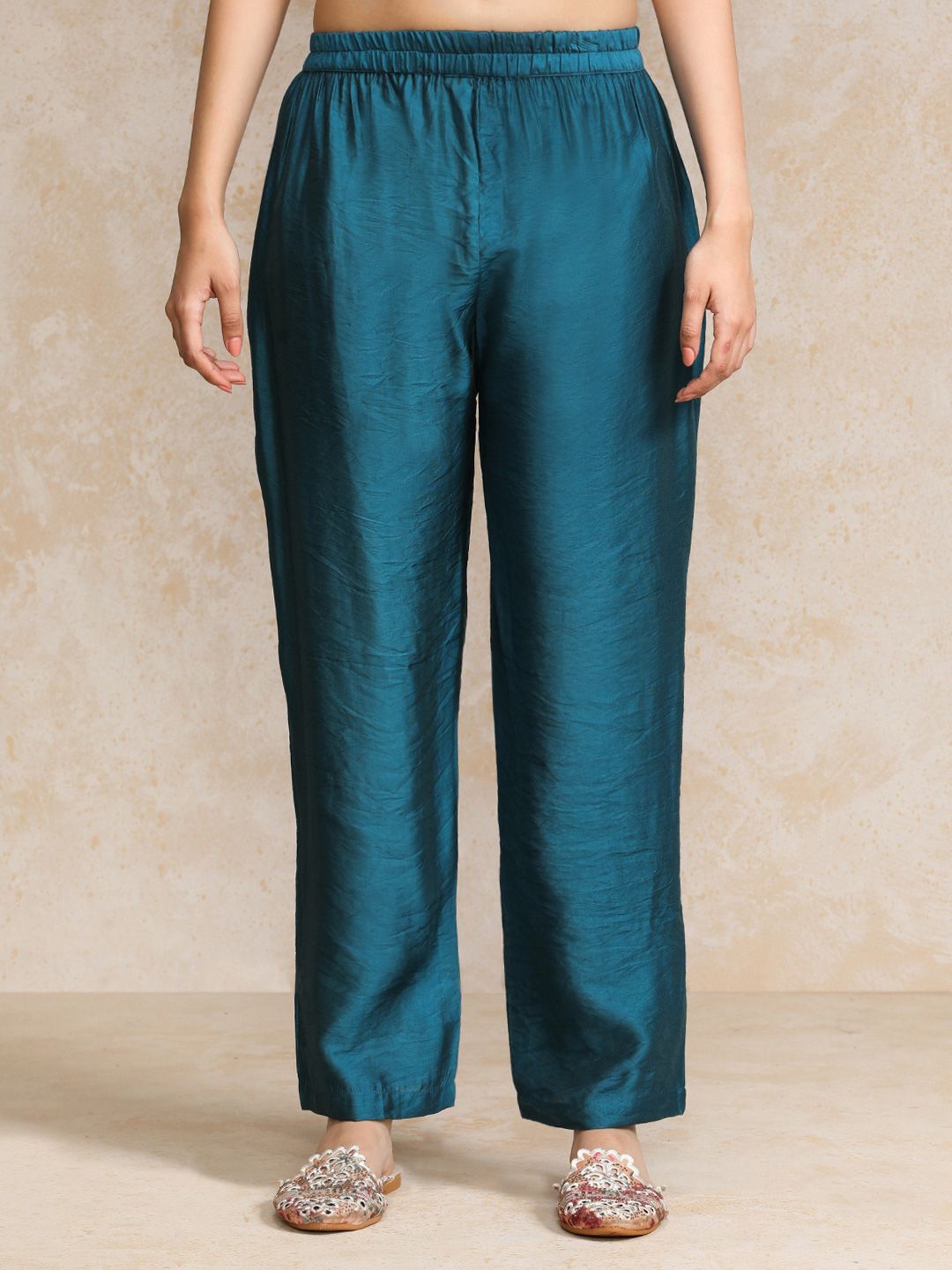 Teal Women Printed Regular Chanderi Silk Kurta with Trousers & With Dupatta