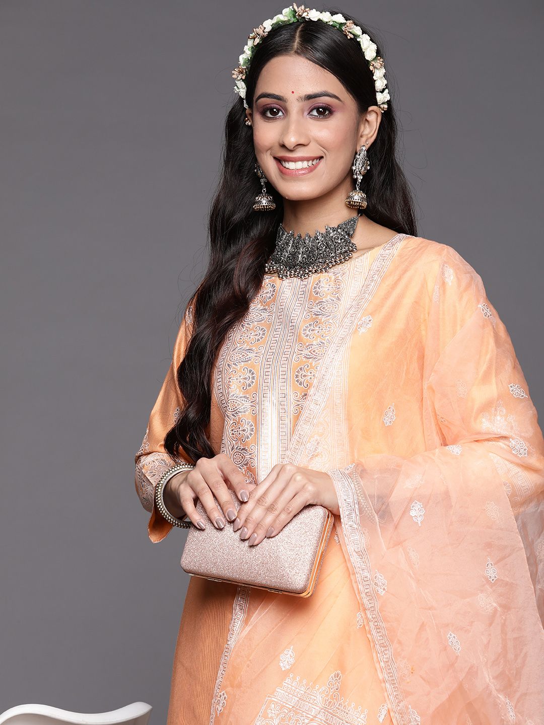Dhiyona IE Women Orange Ethnic Motifs Printed Liva Kurta with Trousers & With Dupatta