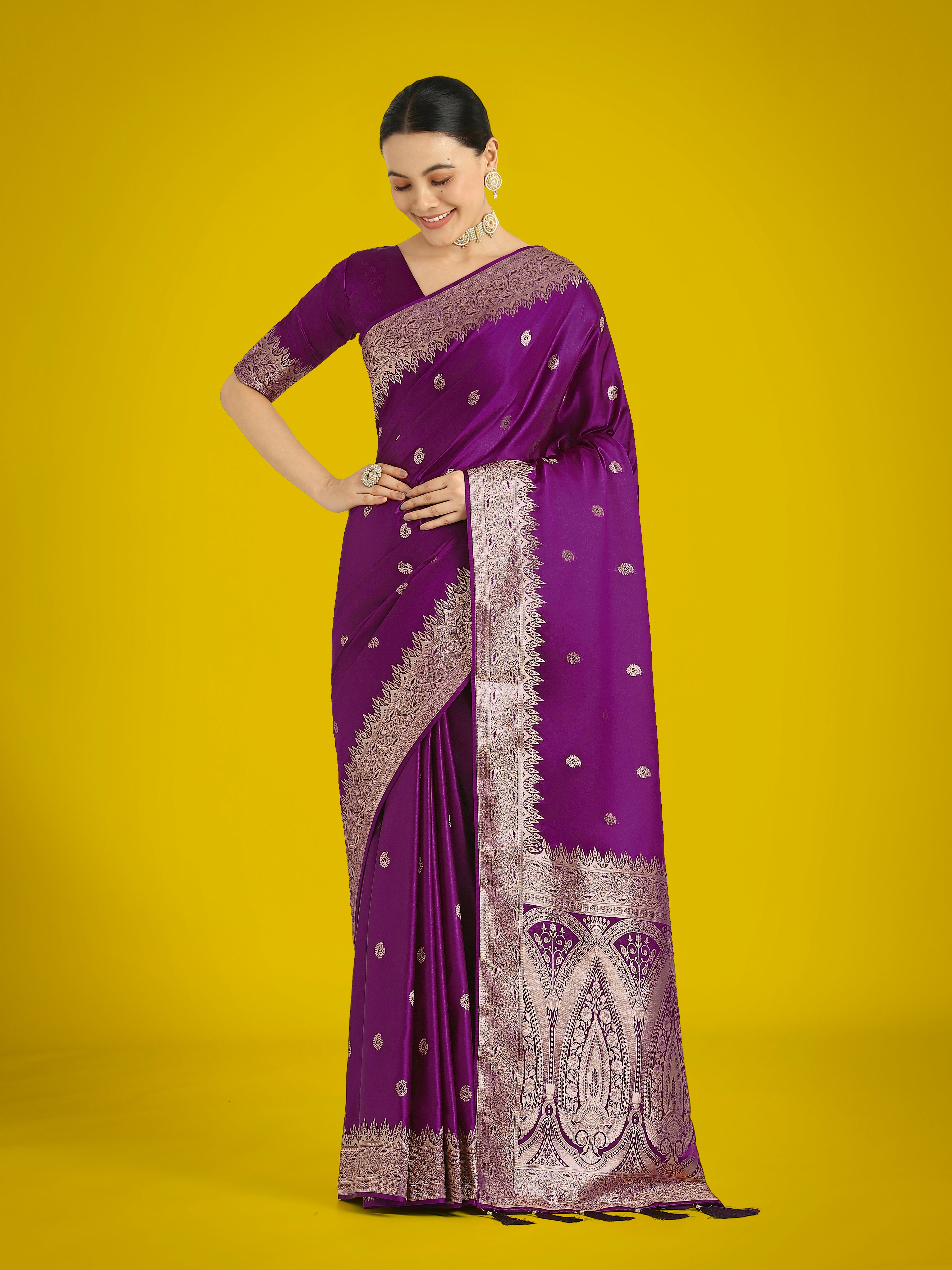 Dhiyona MJ Divine Purple Soft Banarasi Satin Silk Saree With Blouse Piece